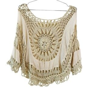 REBELLION Boho Festival Crochet Macrame 3/4 Sleeve Top • Large • beige, cream